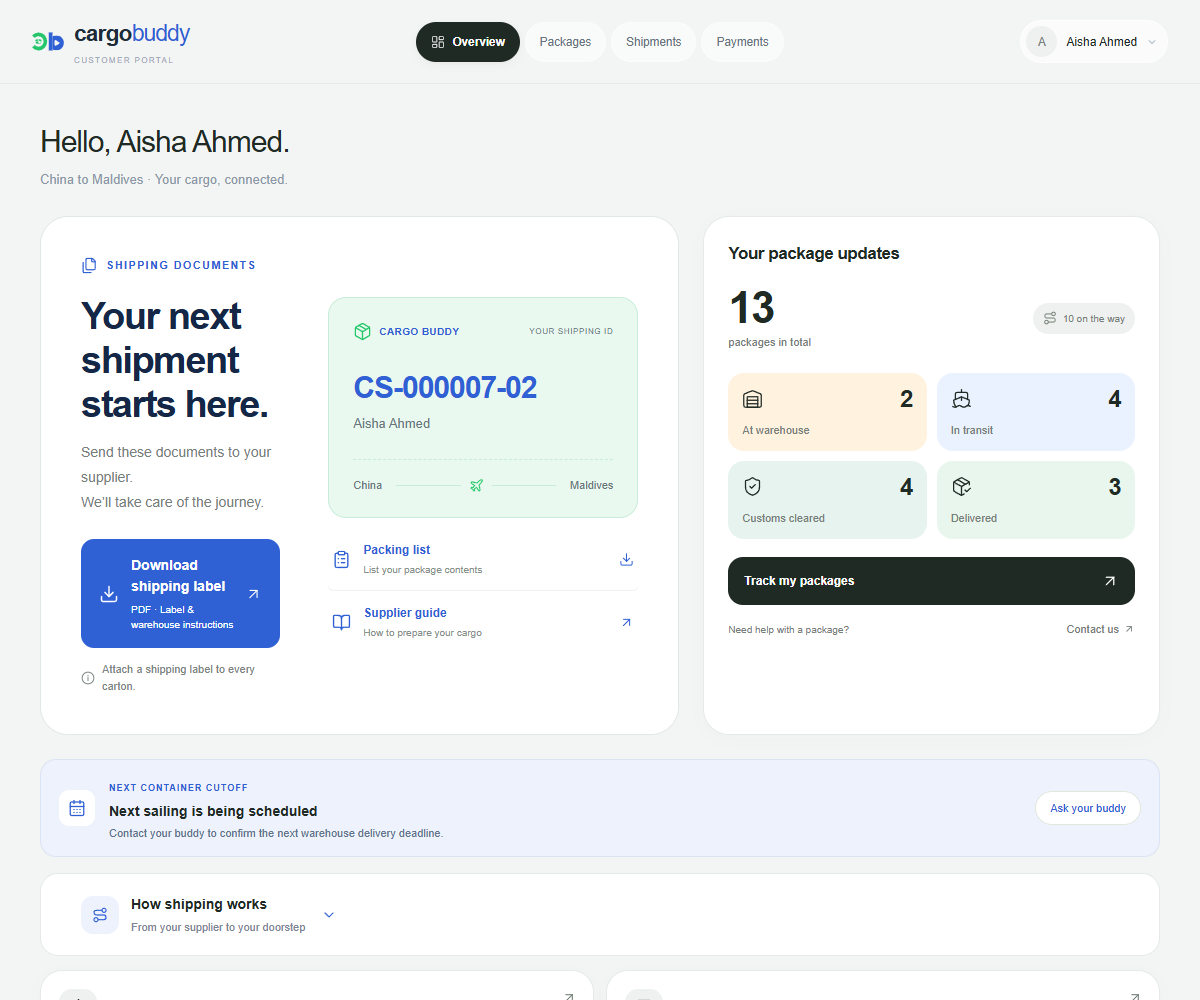The new Cargo Buddy customer portal with shipping documents and package updates